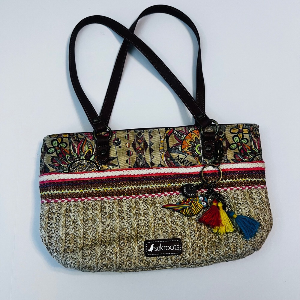 Sakroots Straw Satchel Bag Multicolor Print‎ Tassels Boho Crossbody Tote